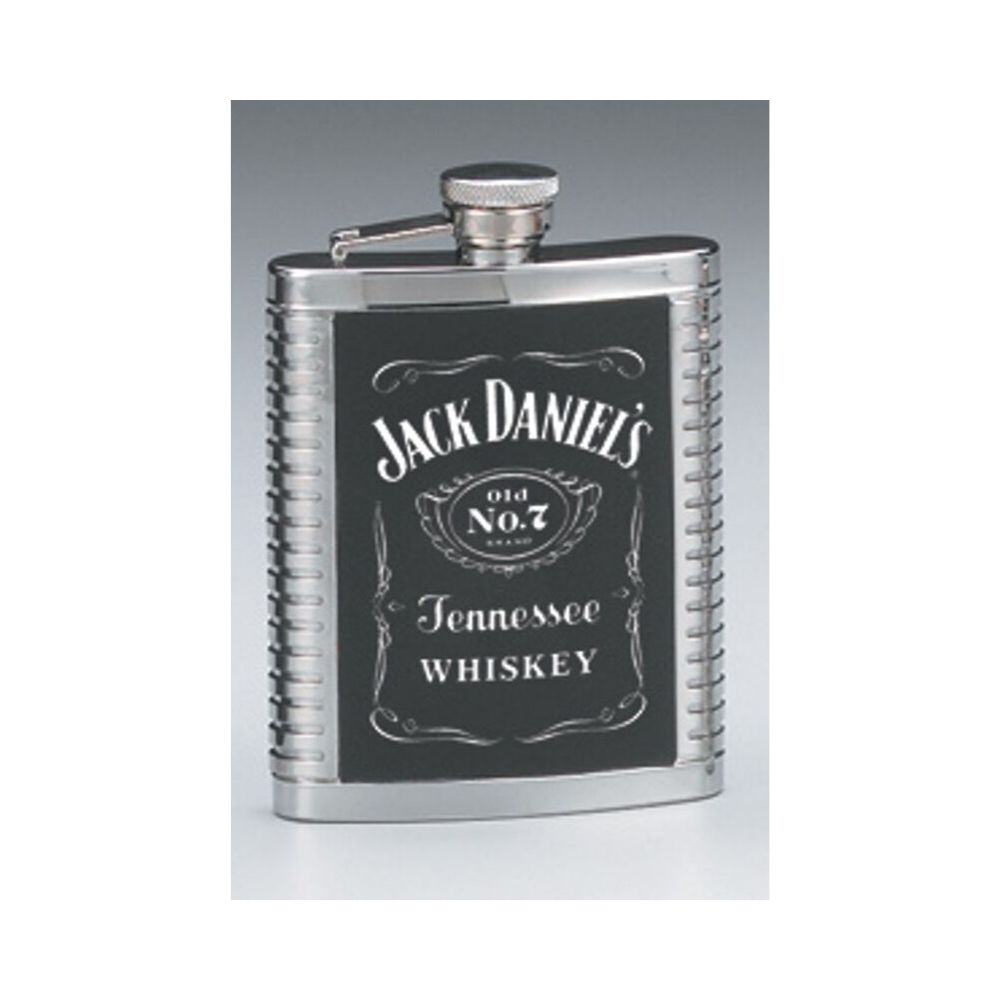 JACK DANIELS STAINLESS STEEL FLASK WITH BLACK LEATHER WRAP 5 OZ.SIZE 